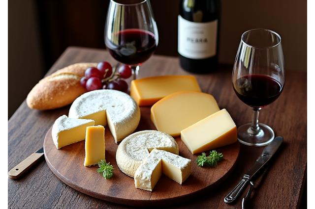 Sélection de fromages artisanaux et verres de vin sur un comptoir en bois